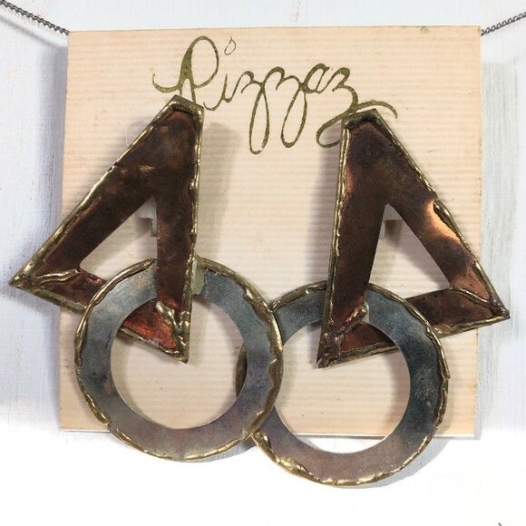 Pizzaz Mixed Metal Circle Triangle Earrings NOC - Picture 1 of 5